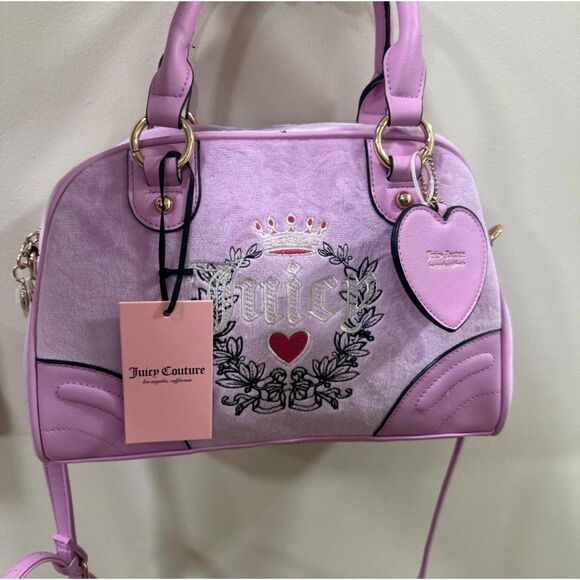 Juicy Couture Handbags - Juicy Couture Heritage Bowlers Lavender Purple Velvet Bag NWT Fondant Pink Y2K
